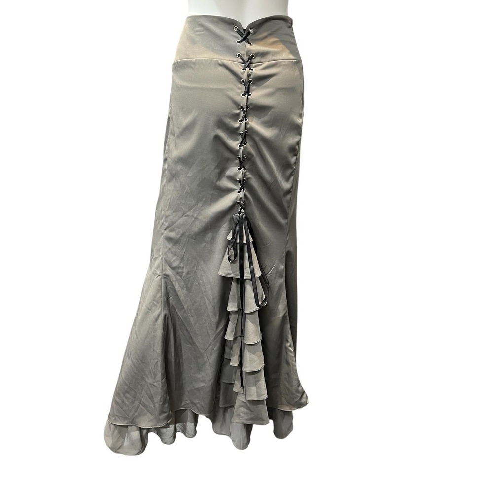 Gray Satin Maxi Skirt Lace Up Tiered Ruffle Back Steampunk Goth Grunge Cosplay